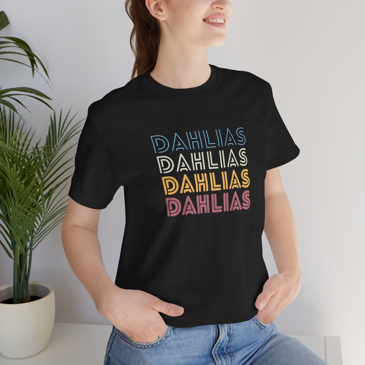 Dahlias Floral Retro Text Tee — Vintage Layered Typography T‑Shirt
