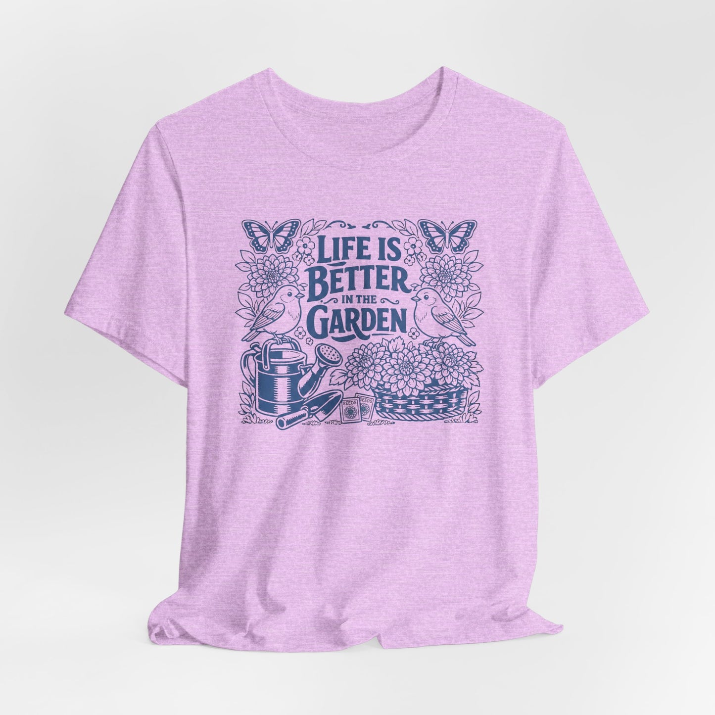 Garden T-Shirt — Life Is Better in the Garden, Vintage Dahlia Retro Bluebird Floral Tee for Gardeners