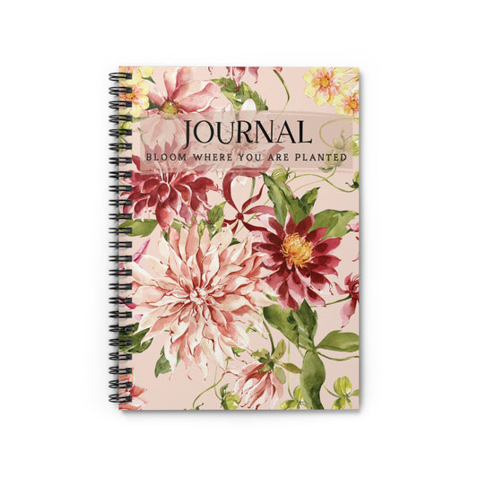 Floral journal with 'Journal Bloom Where You Are Planted' text on a white background
