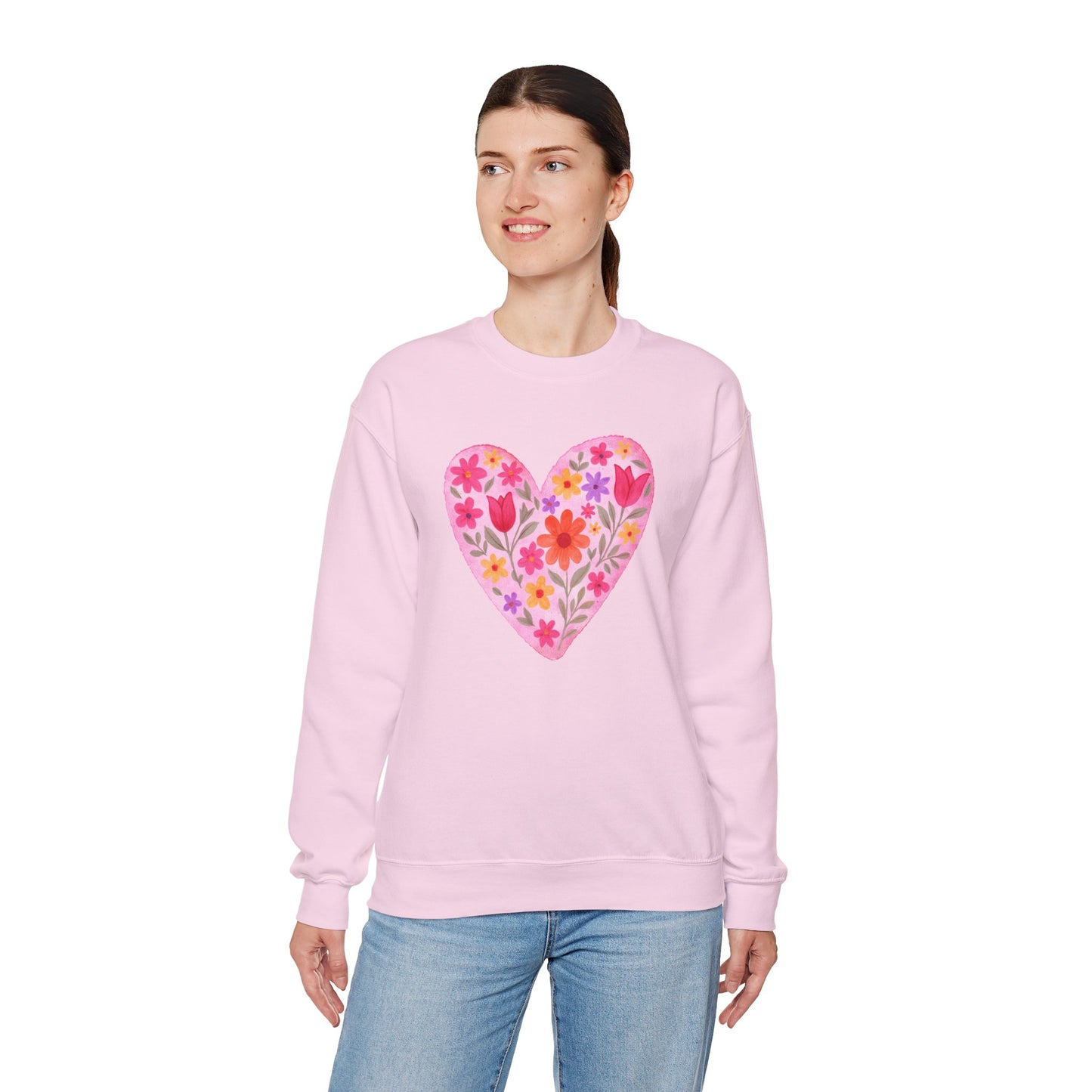 Floral Heart Sweatshirt - Pink Flower Heart Crewneck for Women & Teens