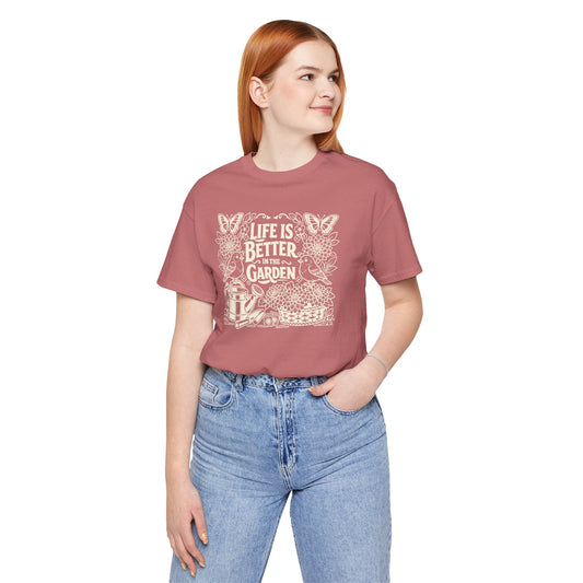 Garden T-Shirt — Life Is Better in the Garden, Vintage Dahlia Retro Bluebird Floral Tee for Gardeners