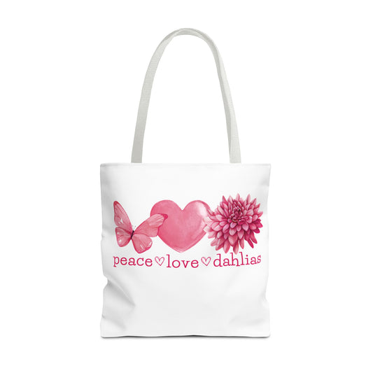 Peace Love Dahlias Tote Bag – Floral Butterfly Heart Gardening Canvas Tote