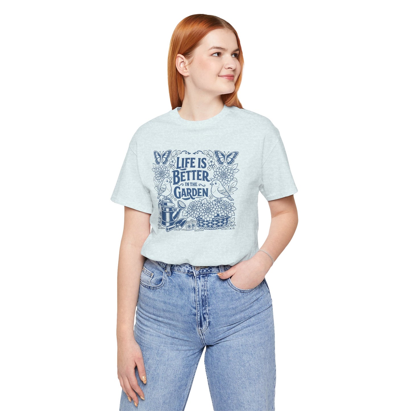 Garden T-Shirt — Life Is Better in the Garden, Vintage Dahlia Retro Bluebird Floral Tee for Gardeners