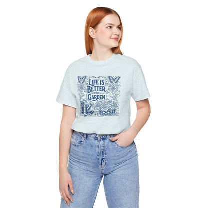 Garden T-Shirt — Life Is Better in the Garden, Vintage Dahlia Retro Bluebird Floral Tee for Gardeners