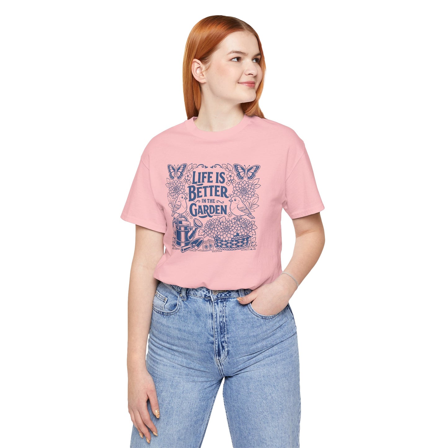 Garden T-Shirt — Life Is Better in the Garden, Vintage Dahlia Retro Bluebird Floral Tee for Gardeners