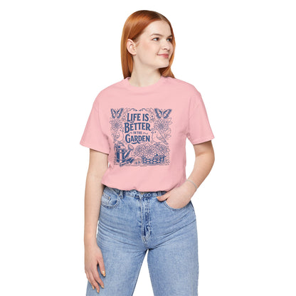 Garden T-Shirt — Life Is Better in the Garden, Vintage Dahlia Retro Bluebird Floral Tee for Gardeners