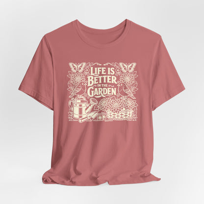 Garden T-Shirt — Life Is Better in the Garden, Vintage Dahlia Retro Bluebird Floral Tee for Gardeners
