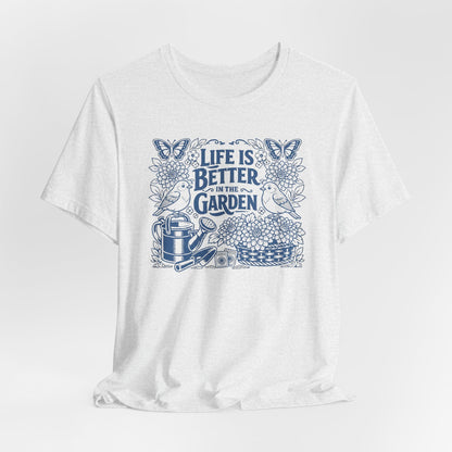 Garden T-Shirt — Life Is Better in the Garden, Vintage Dahlia Retro Bluebird Floral Tee for Gardeners