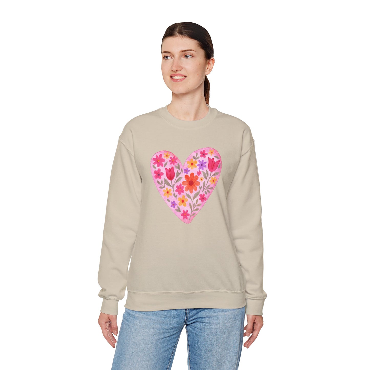 Floral Heart Sweatshirt - Pink Flower Heart Crewneck for Women & Teens