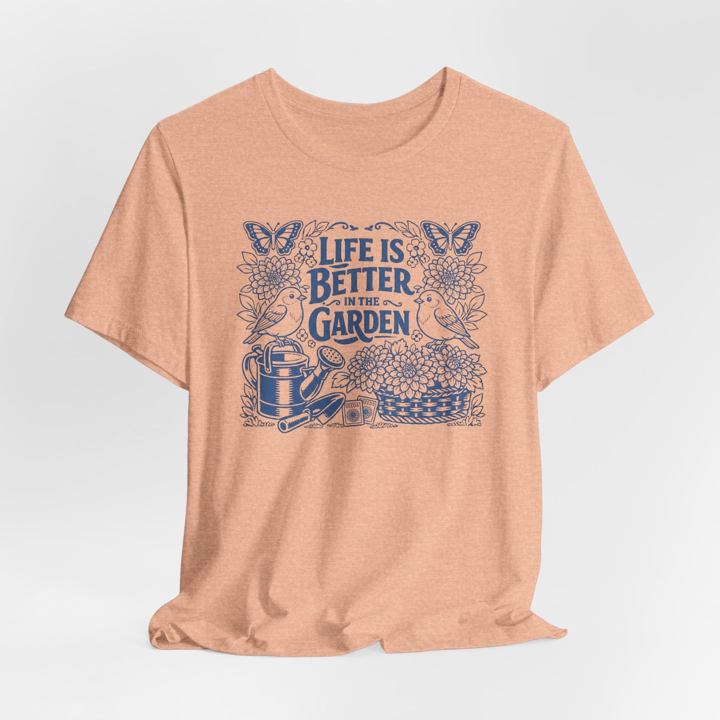 Garden T-Shirt — Life Is Better in the Garden, Vintage Dahlia Retro Bluebird Floral Tee for Gardeners