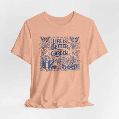 Garden T-Shirt — Life Is Better in the Garden, Vintage Dahlia Retro Bluebird Floral Tee for Gardeners