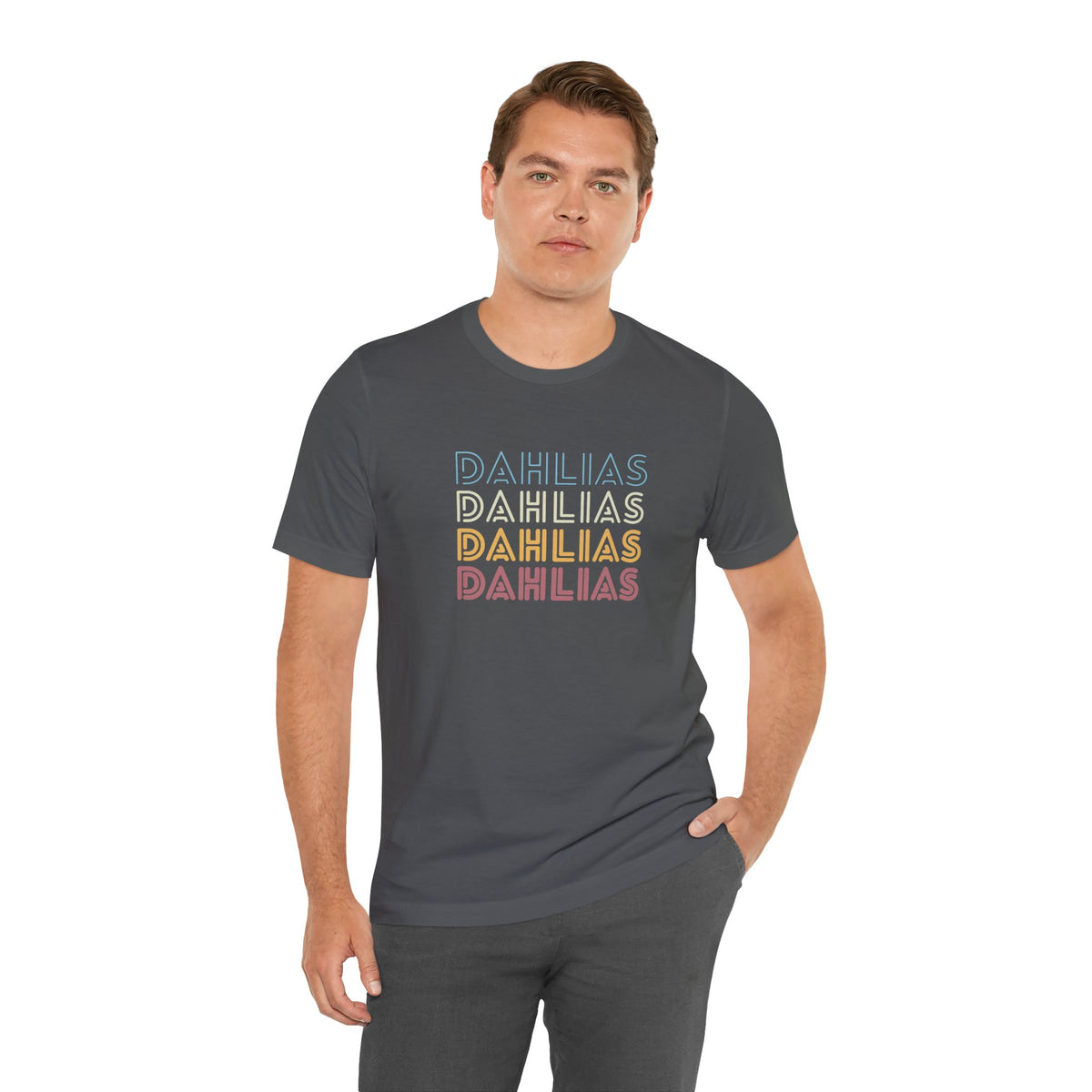Dahlias Floral Retro Text Tee — Vintage Layered Typography T‑Shirt