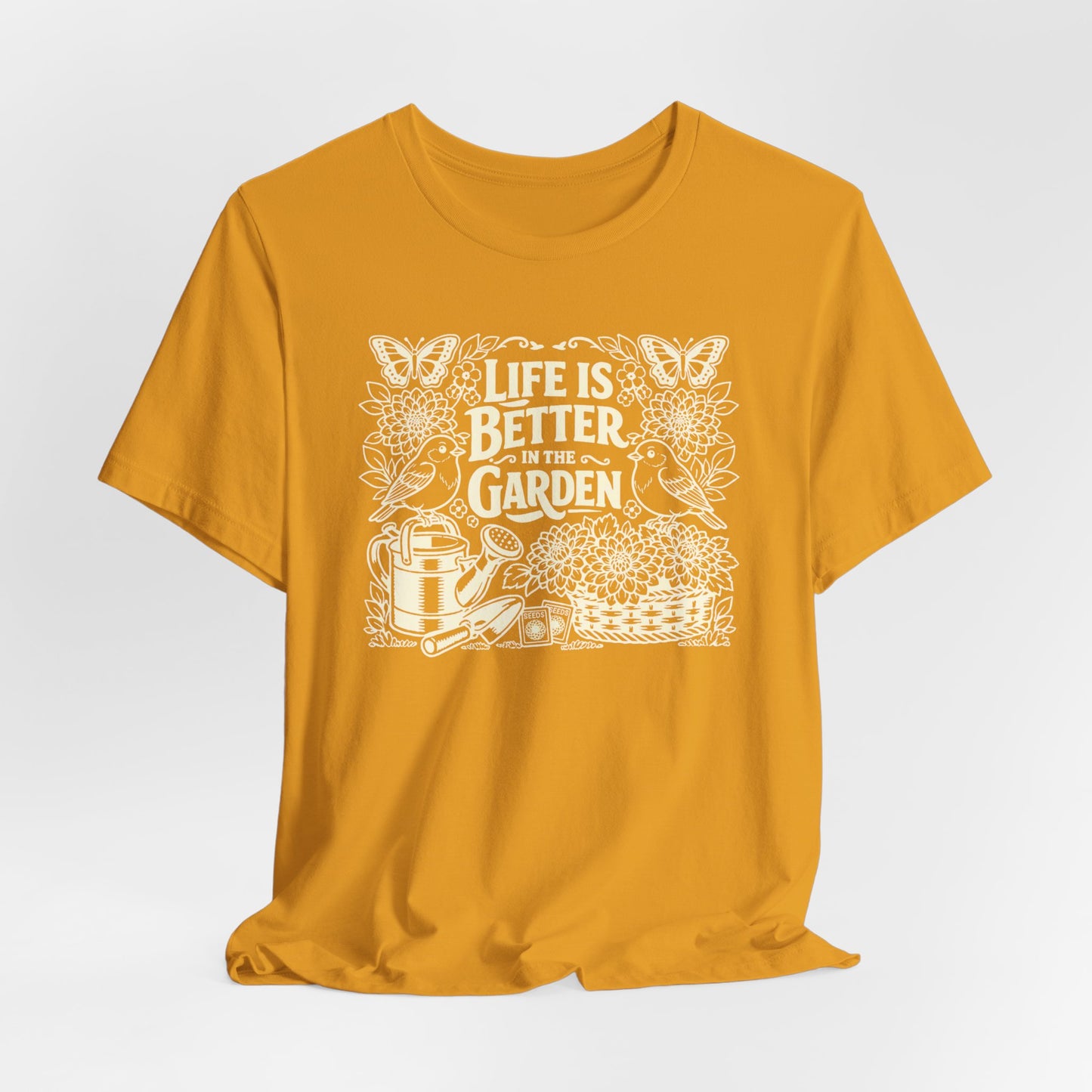 Garden T-Shirt — Life Is Better in the Garden, Vintage Dahlia Retro Bluebird Floral Tee for Gardeners