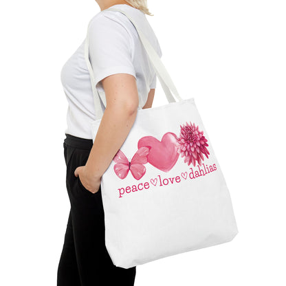 Peace Love Dahlias Tote Bag – Floral Butterfly Heart Gardening Canvas Tote