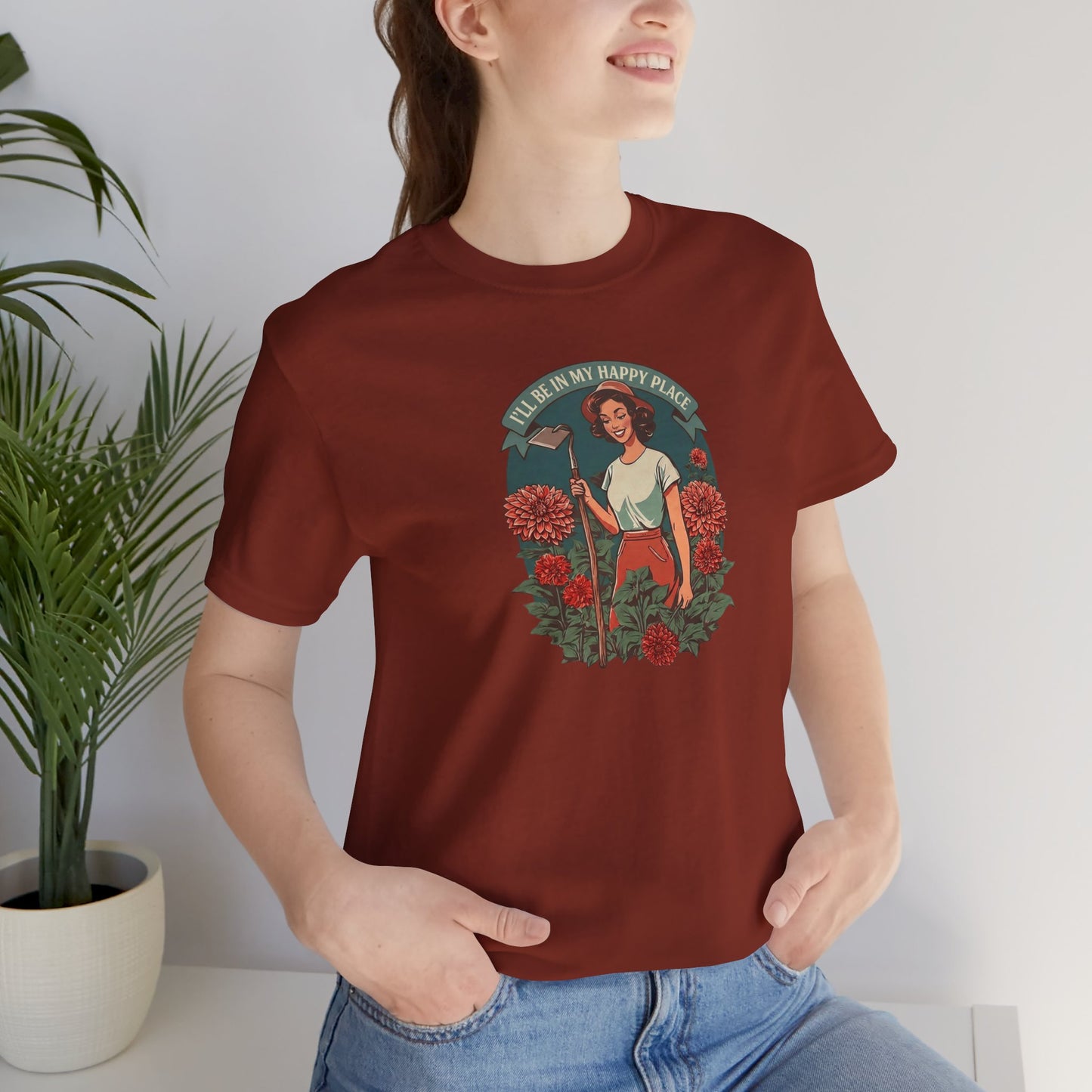 T-Shirt — 'I'll Be In My Happy Place' Dahlias Vintage Floral Retro Graphic Tee
