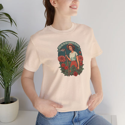 T-Shirt — 'I'll Be In My Happy Place' Dahlias Vintage Floral Retro Graphic Tee