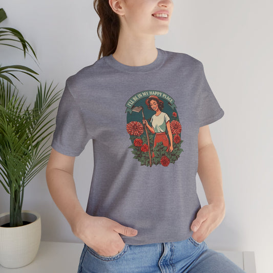 T-Shirt — 'I'll Be In My Happy Place' Dahlias Vintage Floral Retro Graphic Tee