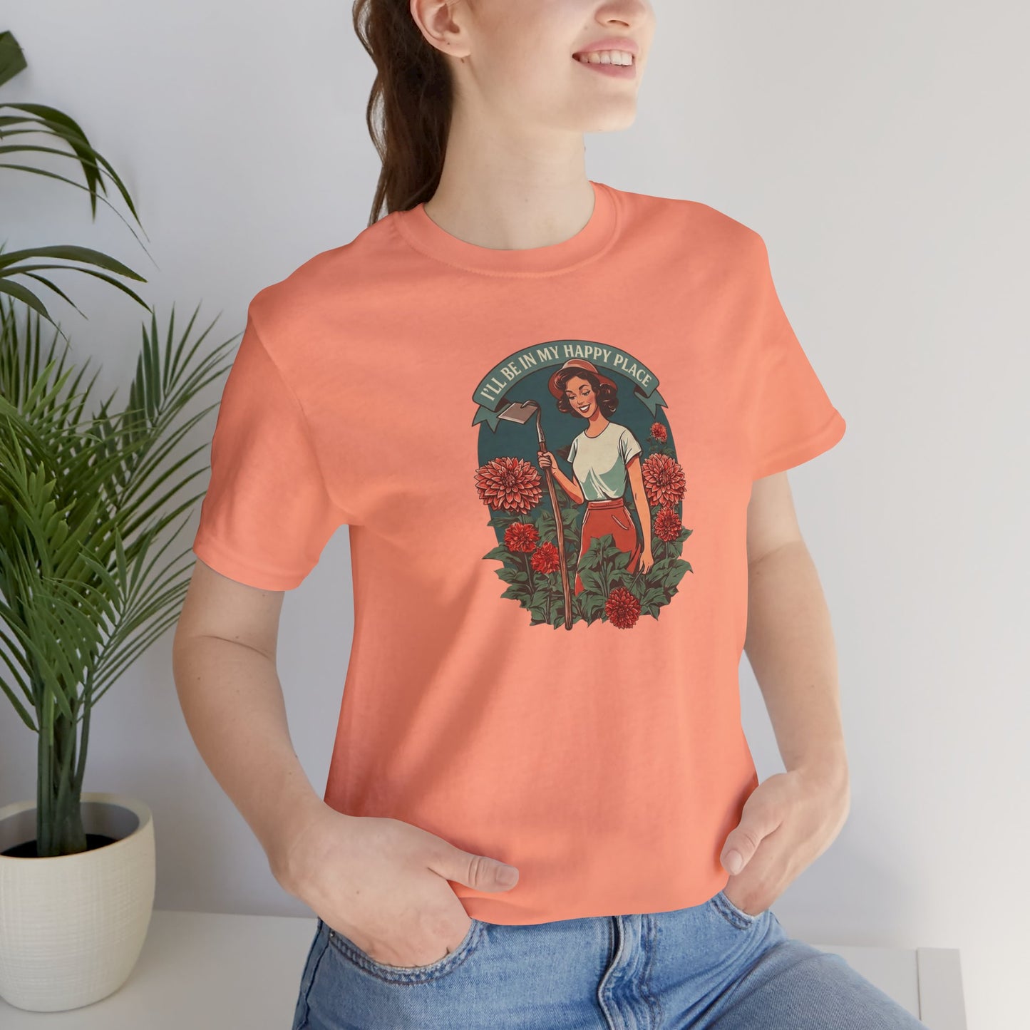 T-Shirt — 'I'll Be In My Happy Place' Dahlias Vintage Floral Retro Graphic Tee