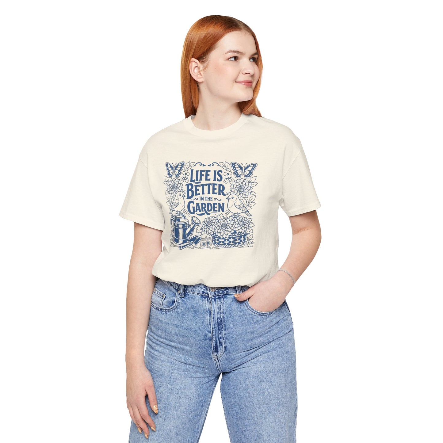Garden T-Shirt — Life Is Better in the Garden, Vintage Dahlia Retro Bluebird Floral Tee for Gardeners