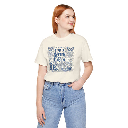 Garden T-Shirt — Life Is Better in the Garden, Vintage Dahlia Retro Bluebird Floral Tee for Gardeners