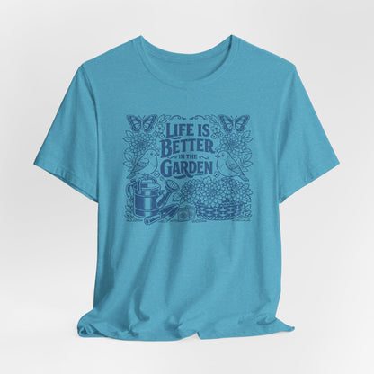 Garden T-Shirt — Life Is Better in the Garden, Vintage Dahlia Retro Bluebird Floral Tee for Gardeners
