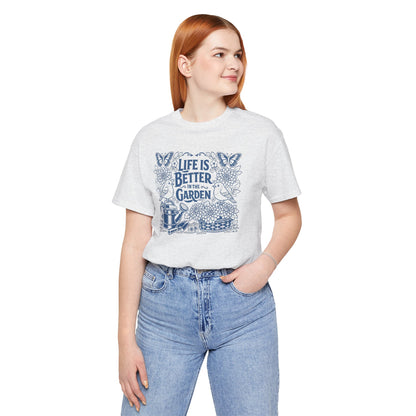 Garden T-Shirt — Life Is Better in the Garden, Vintage Dahlia Retro Bluebird Floral Tee for Gardeners
