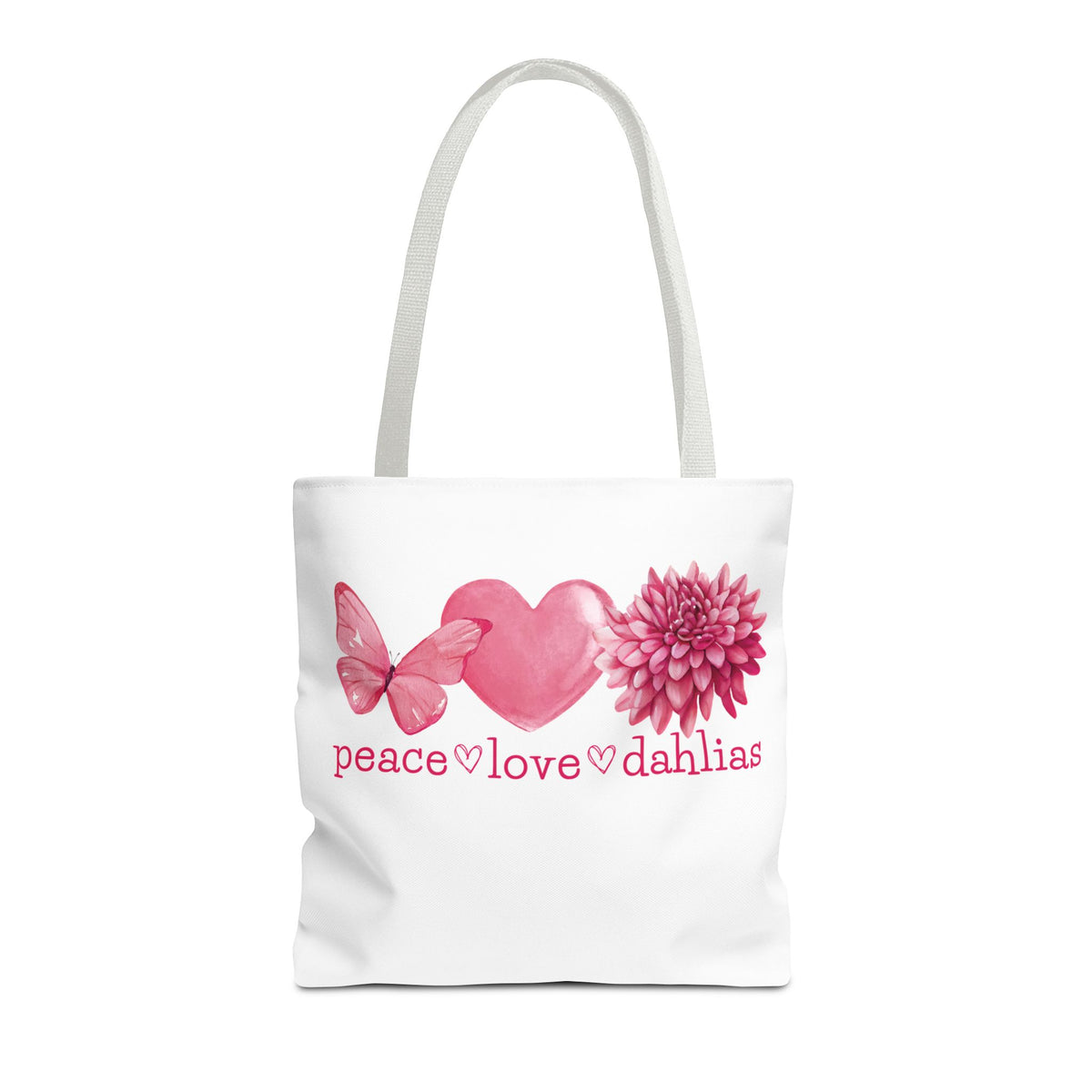 Peace Love Dahlias Tote Bag – Floral Butterfly Heart Gardening Canvas Tote