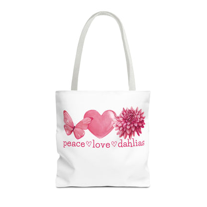 Peace Love Dahlias Tote Bag – Floral Butterfly Heart Gardening Canvas Tote