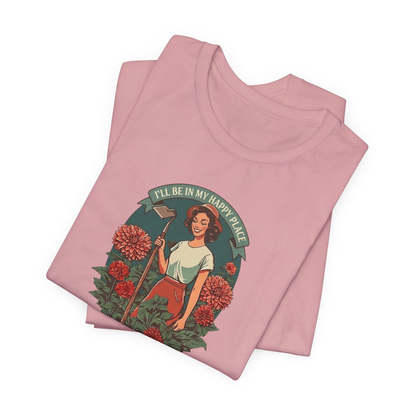 T-Shirt — 'I'll Be In My Happy Place' Dahlias Vintage Floral Retro Graphic Tee