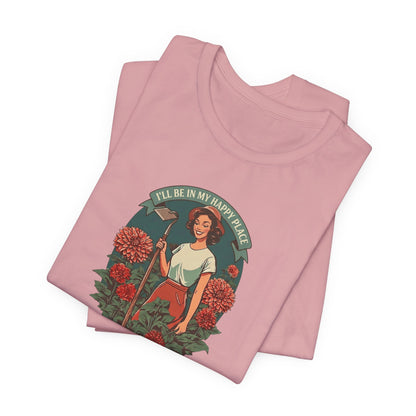 T-Shirt — 'I'll Be In My Happy Place' Dahlias Vintage Floral Retro Graphic Tee