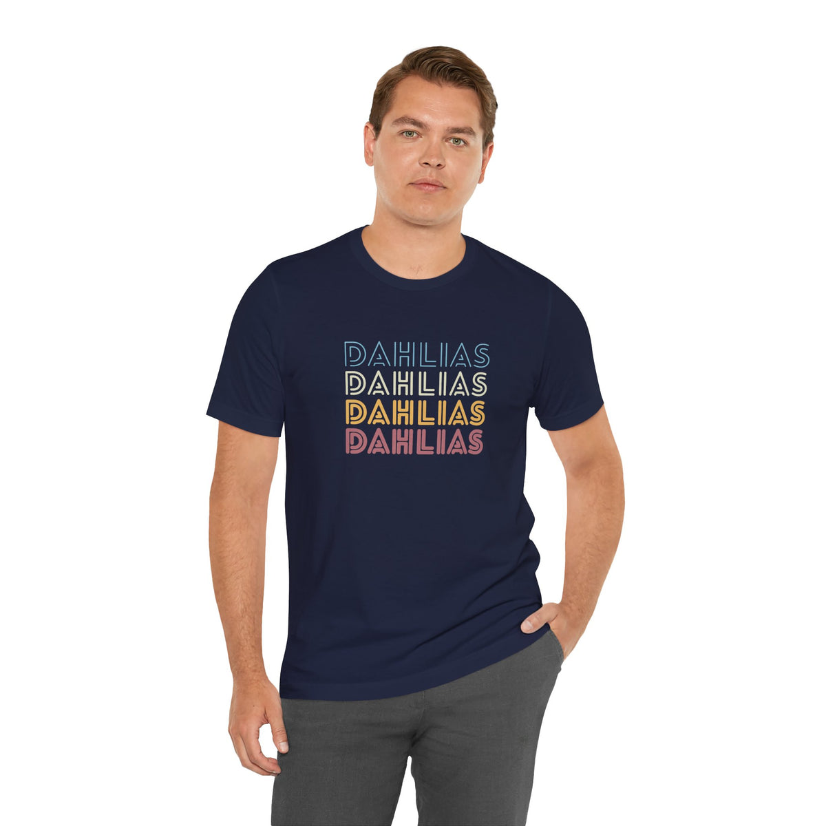 Dahlias Floral Retro Text Tee — Vintage Layered Typography T‑Shirt
