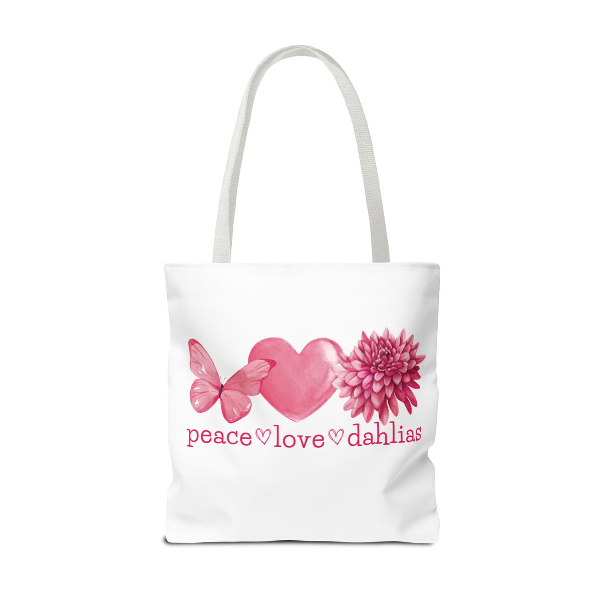 Peace Love Dahlias Tote Bag – Floral Butterfly Heart Gardening Canvas Tote