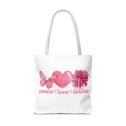 Peace Love Dahlias Tote Bag – Floral Butterfly Heart Gardening Canvas Tote