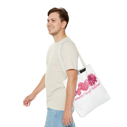 Peace Love Dahlias Tote Bag – Floral Butterfly Heart Gardening Canvas Tote