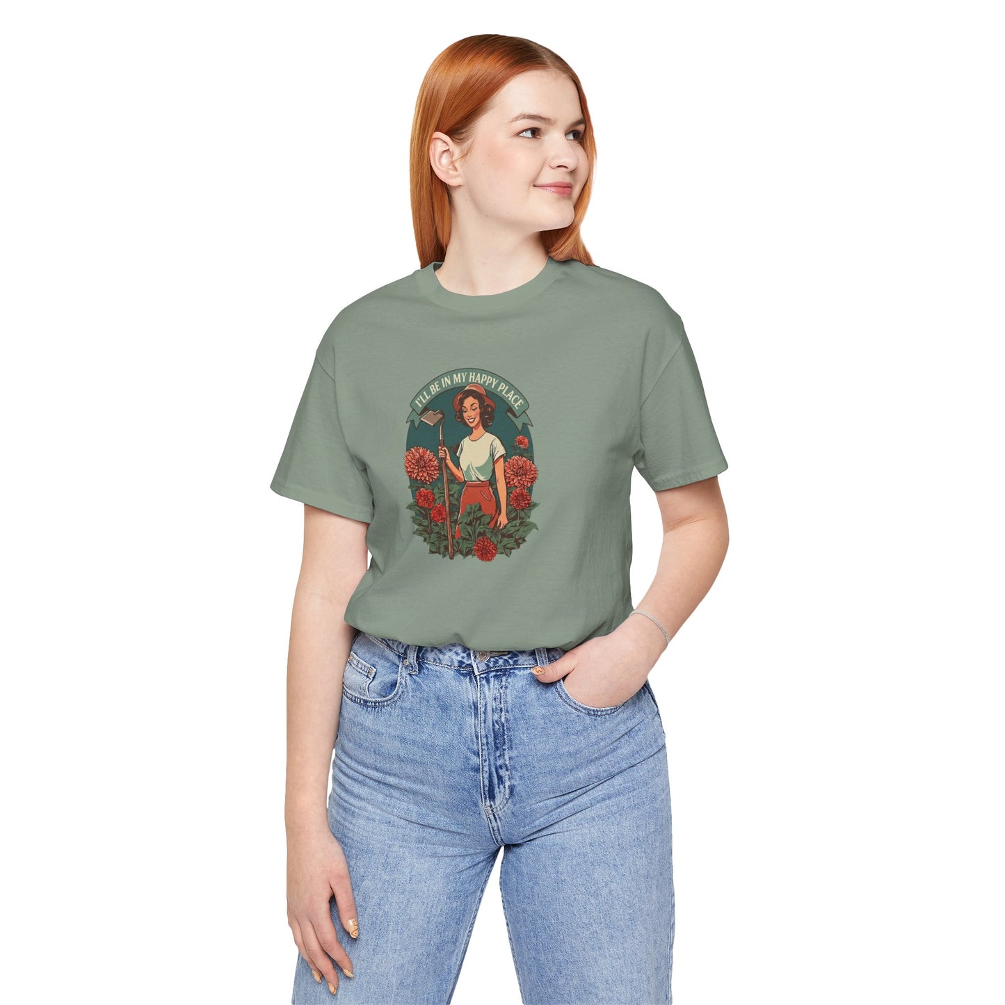 'I'll Be In My Happy Place' Dahlias Vintage Floral Retro Graphic Tee T-shirt