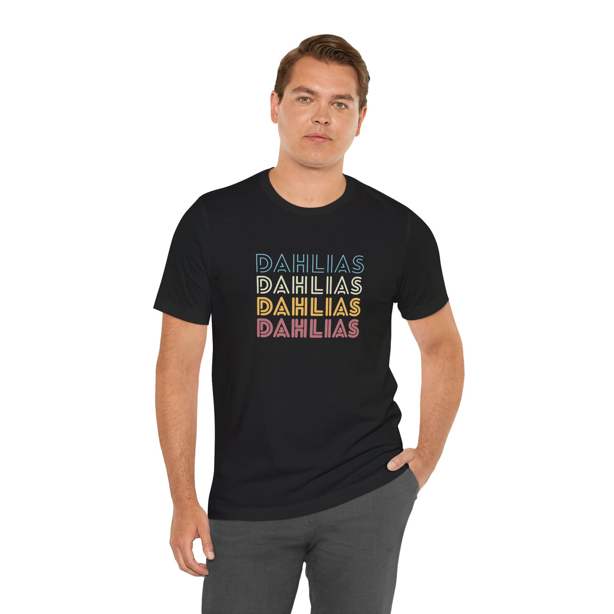 Dahlias Floral Retro Text Tee — Vintage Layered Typography T‑Shirt