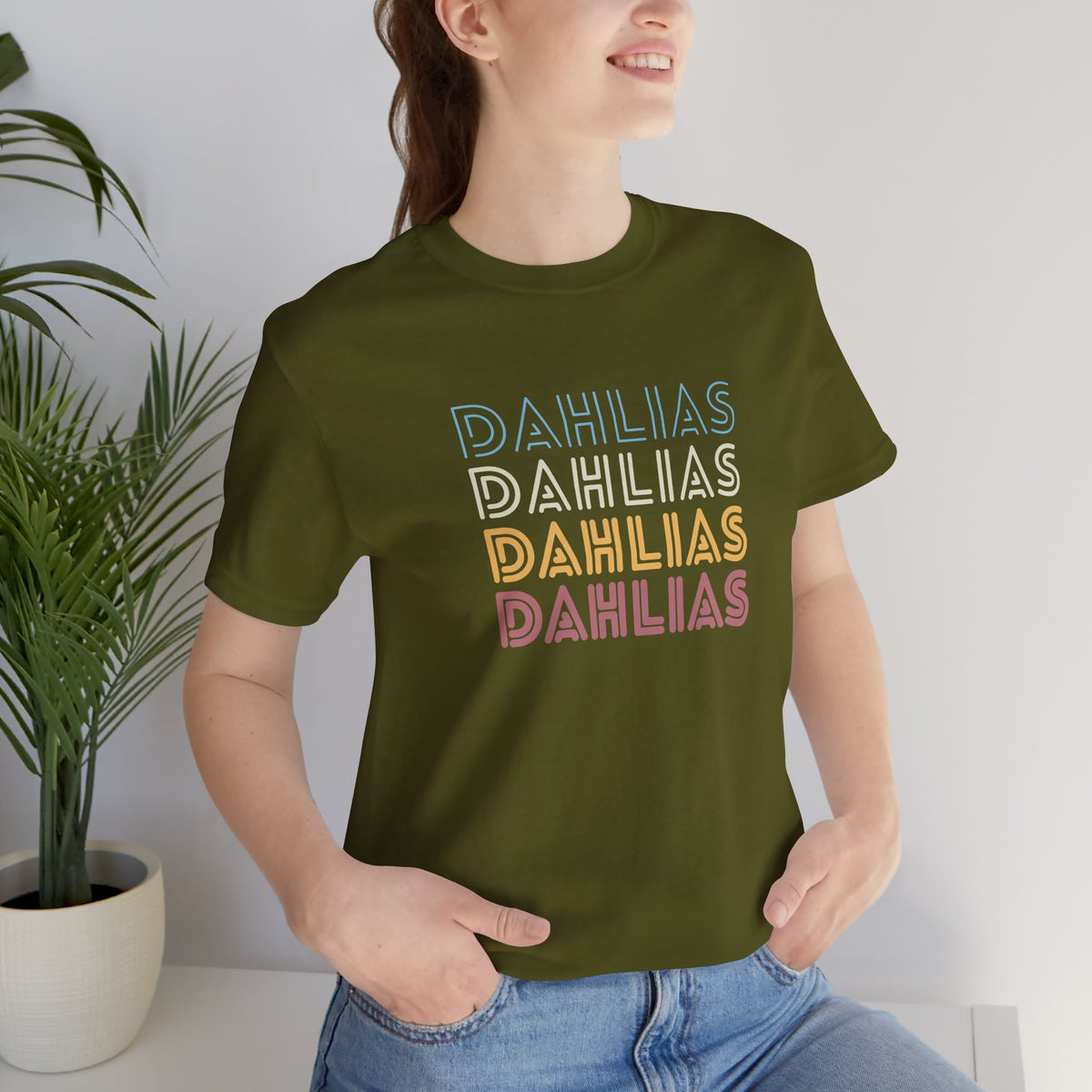 Dahlias Floral Retro Text Tee — Vintage Layered Typography T‑Shirt