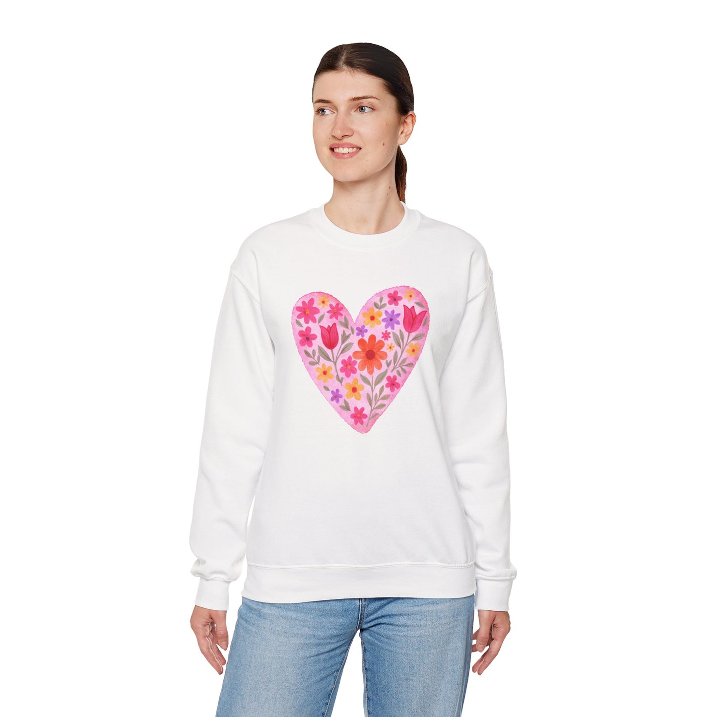 Floral Heart Sweatshirt - Pink Flower Heart Crewneck for Women & Teens