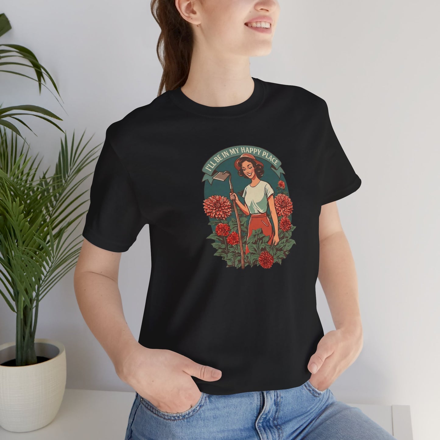 T-Shirt — 'I'll Be In My Happy Place' Dahlias Vintage Floral Retro Graphic Tee