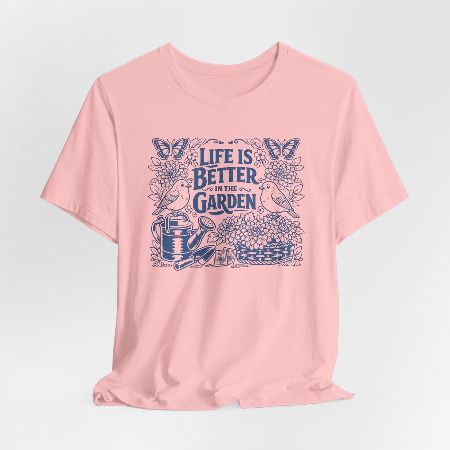 Garden T-Shirt — Life Is Better in the Garden, Vintage Dahlia Retro Bluebird Floral Tee for Gardeners