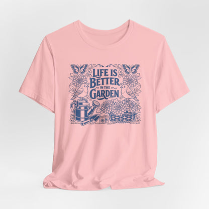Garden T-Shirt — Life Is Better in the Garden, Vintage Dahlia Retro Bluebird Floral Tee for Gardeners