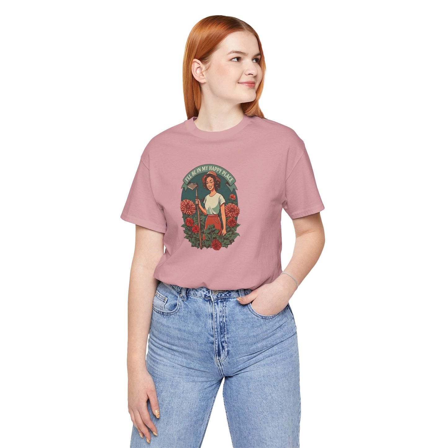 'I'll Be In My Happy Place' Dahlias Vintage Floral Retro Graphic Tee T-shirt