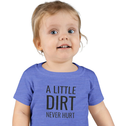 Child wearing a blue t-shirt with text on a white background