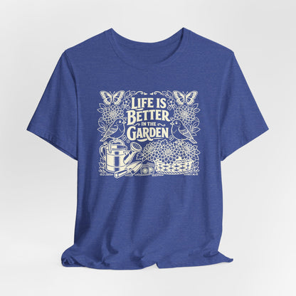 Garden T-Shirt — Life Is Better in the Garden, Vintage Dahlia Retro Bluebird Floral Tee for Gardeners