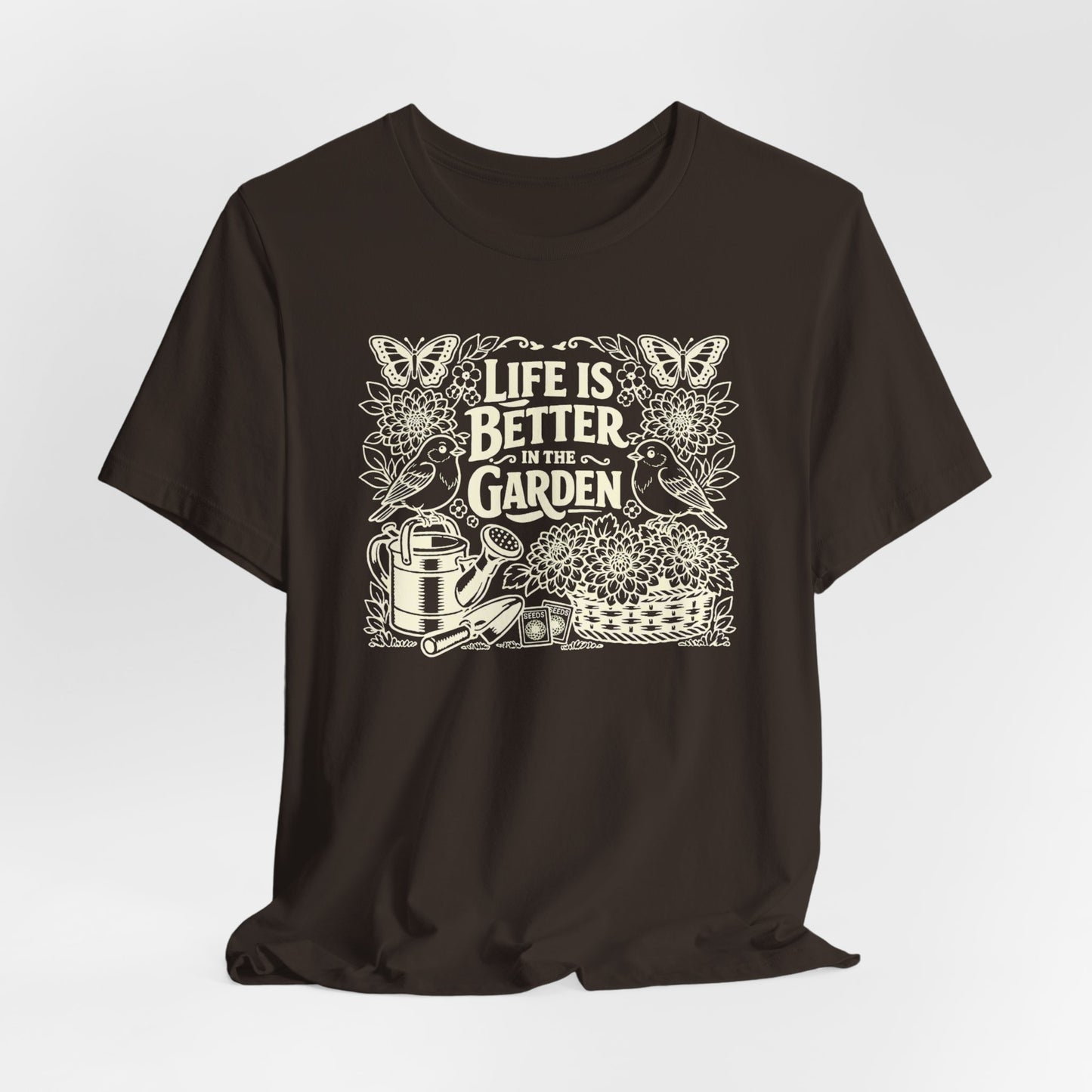 Garden T-Shirt — Life Is Better in the Garden, Vintage Dahlia Retro Bluebird Floral Tee for Gardeners