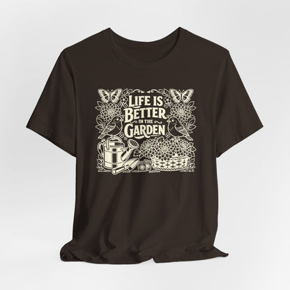 Garden T-Shirt — Life Is Better in the Garden, Vintage Dahlia Retro Bluebird Floral Tee for Gardeners
