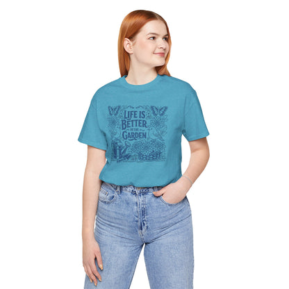 Garden T-Shirt — Life Is Better in the Garden, Vintage Dahlia Retro Bluebird Floral Tee for Gardeners