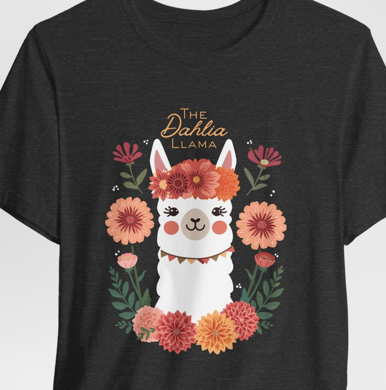 Black t-shirt with a graphic of a llama wearing a flower crown and the text 'The Dahlia Llama' on a white background.