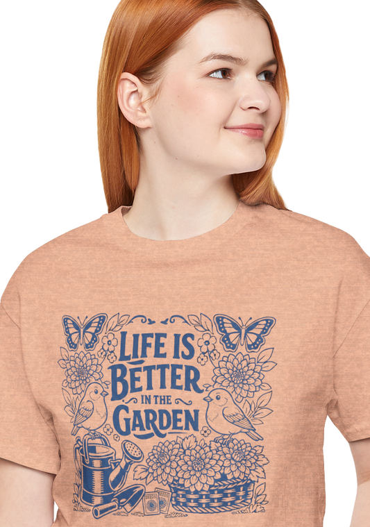 Garden T-Shirt — Life Is Better in the Garden, Vintage Dahlia Retro Bluebird Floral Tee for Gardeners
