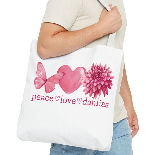 Peace Love Dahlias Tote Bag - Butterfly Heart Canvas Tote